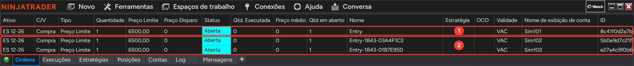 Control Center do NinjaTrader, guia Ordens: uma ordem Compra 1 Preço Limite ES 12-26 na líder Sim101 e duas cópias idênticas na seguidora Sim102