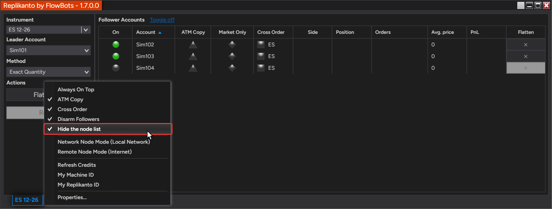 Replikanto right-click menu opened on the left panel with Hide the node list checked, and the Replikanto Nodes section hidden