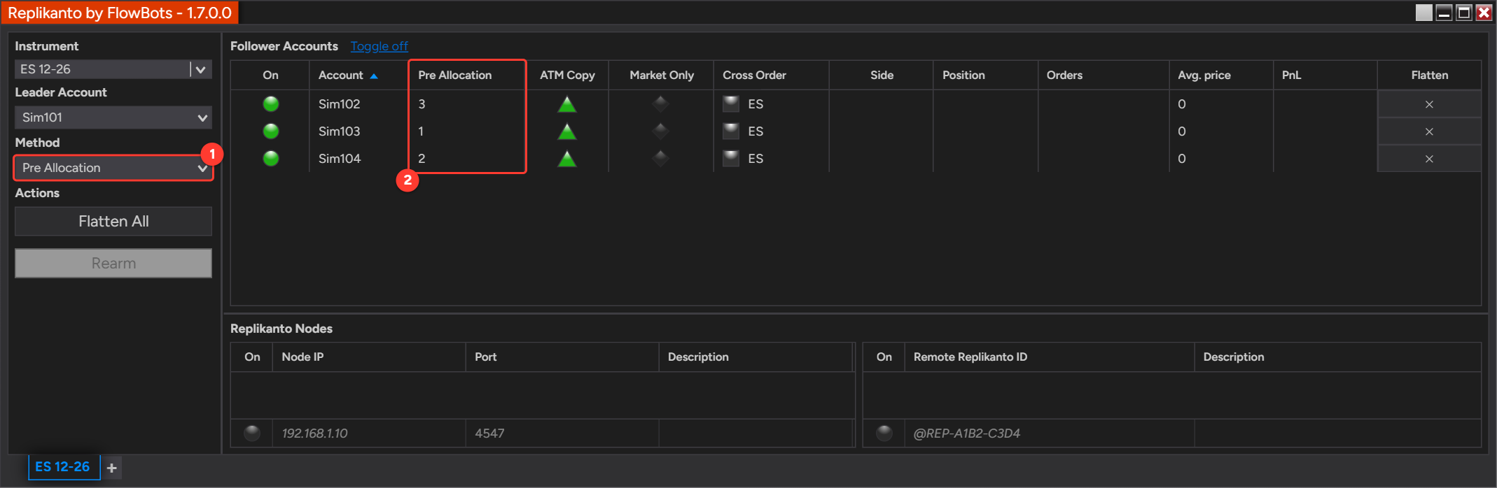 Replikanto with the Pre Allocation method and three followers set to fixed quantities of 3, 1 and 2