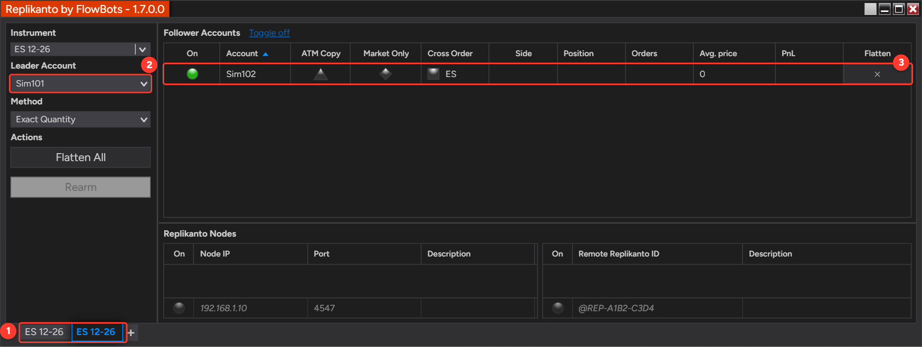 Replikanto window with two ES 12-26 tabs, both with leader account Sim101 and follower Sim102 turned on