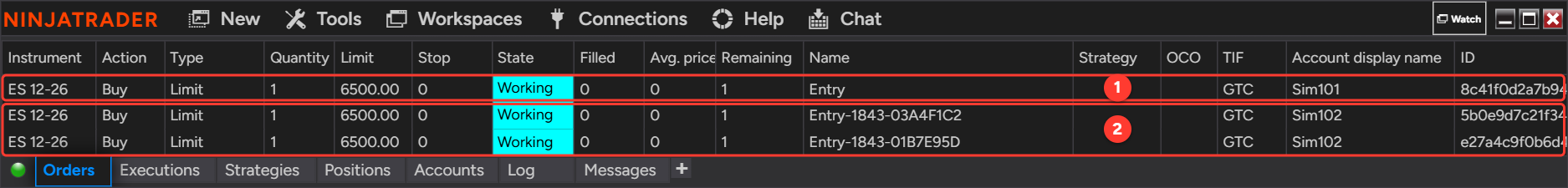 NinjaTrader Control Center, Orders tab: one Buy 1 Limit ES 12-26 order on leader Sim101 and two identical copies on follower Sim102