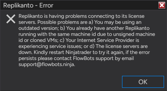 Replikanto - Error message box: Replikanto is having problems connecting to its license servers