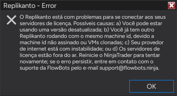 Mensagem Replikanto - Error: O Replikanto está com problemas para se conectar aos seus servidores de licença