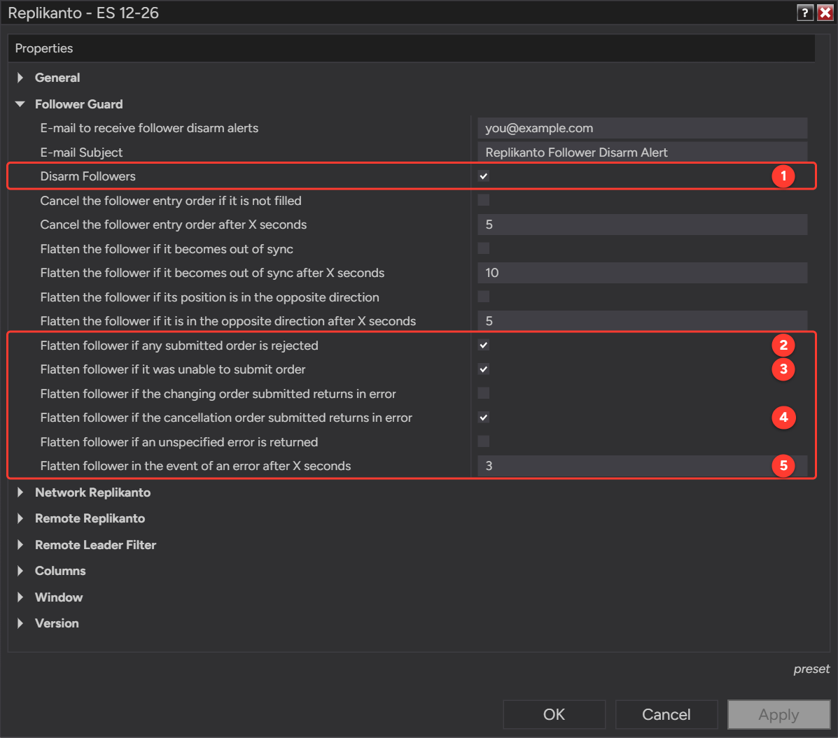 Replikanto Properties, Follower Guard group: Disarm Followers checked, the order-error options boxed, with the rejected, unable to submit and cancellation error options checked and 3 seconds