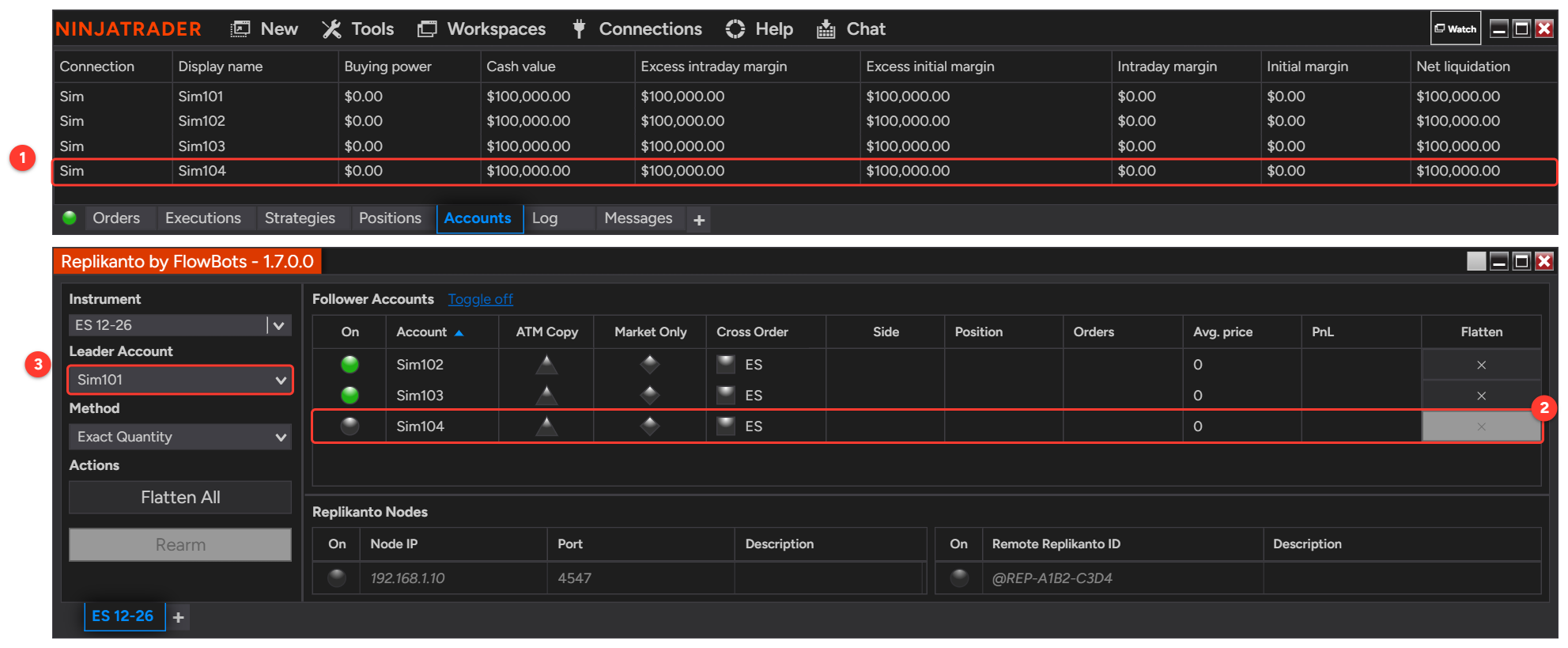 NinjaTrader Control Center Accounts tab listing Sim101 to Sim104 above the Replikanto window, where the new account Sim104 already appears in the Follower Accounts list