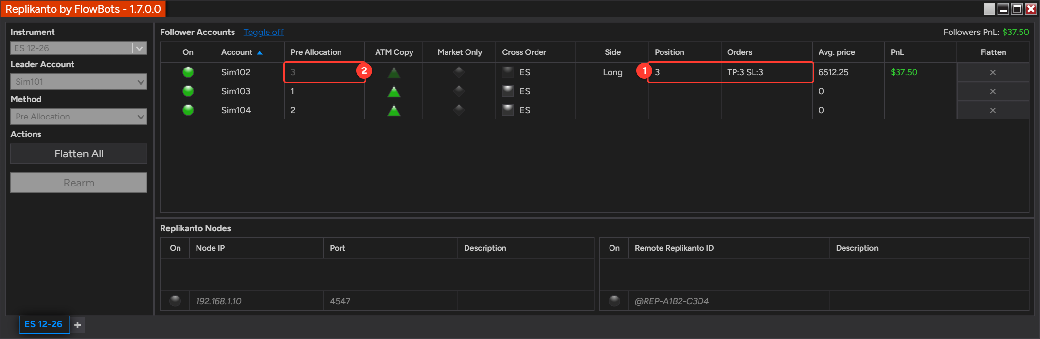 Follower Sim102 in a 3-contract trade with its Pre Allocation cell dimmed