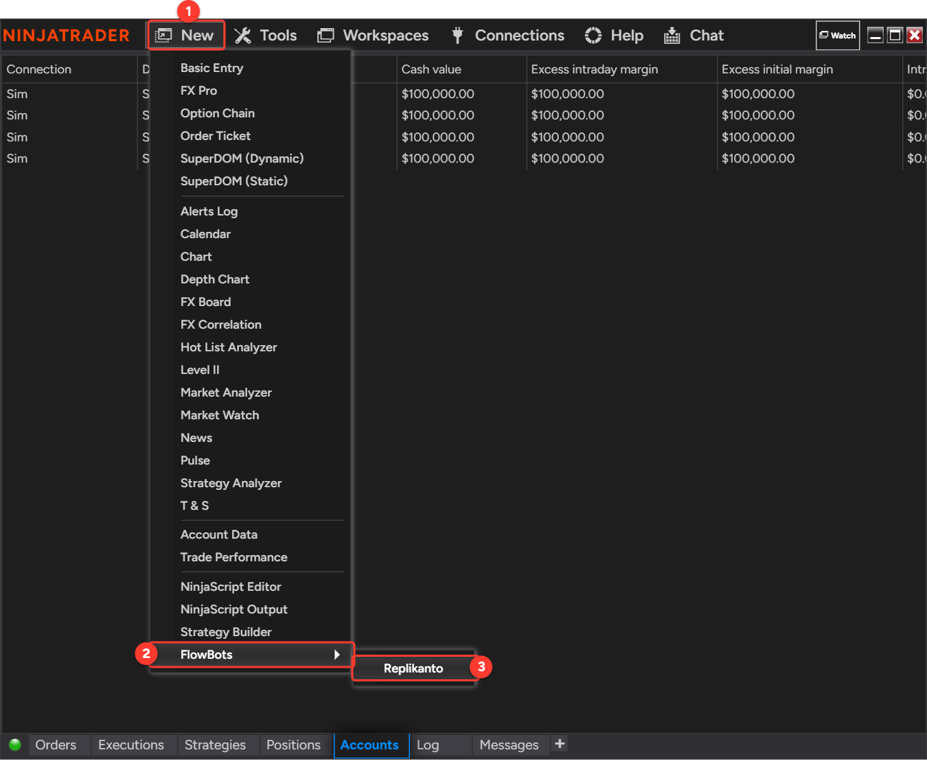 NinjaTrader Control Center with the New menu open, the FlowBots submenu and Replikanto selected