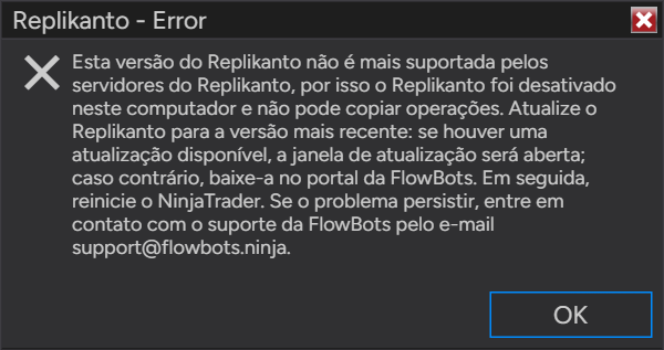 Mensagem Replikanto - Error: Esta versão do Replikanto não é mais suportada pelos servidores do Replikanto