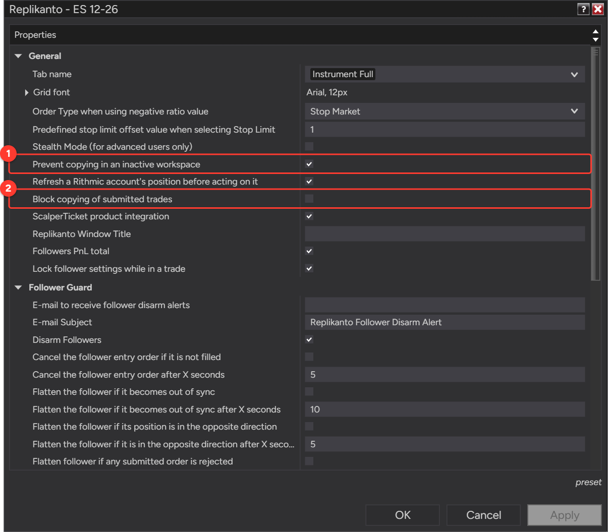 Replikanto Properties, General section, marking Prevent copying in an inactive workspace and Block copying of submitted trades