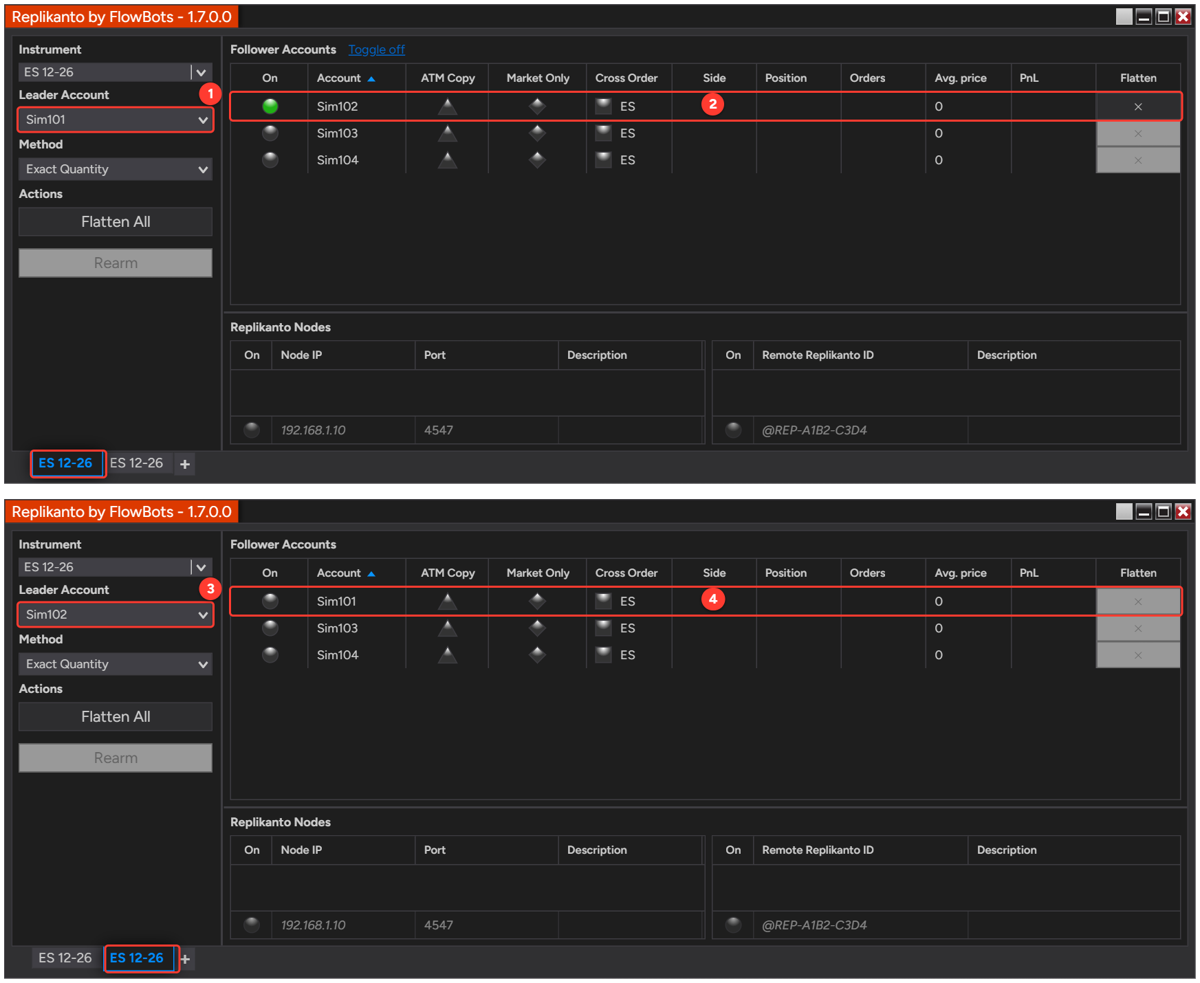 The same Replikanto window shown twice: the first ES 12-26 tab with leader Sim101 and follower Sim102 on, and the second ES 12-26 tab with leader Sim102 and Sim101 off in its follower list