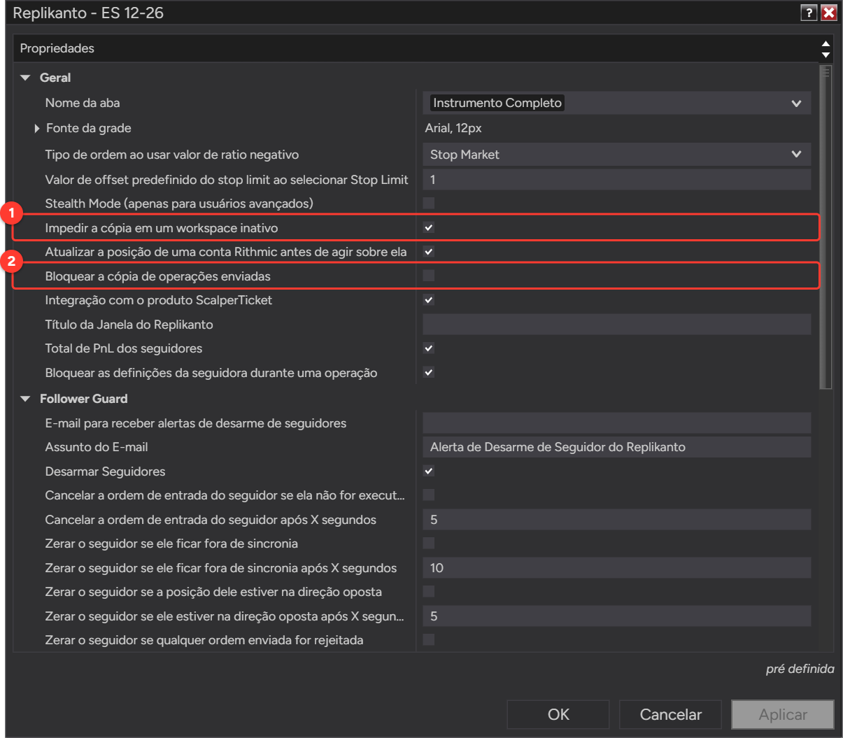 Propriedades do Replikanto, seção Geral, destacando Impedir a cópia em um workspace inativo e Bloquear a cópia de operações enviadas