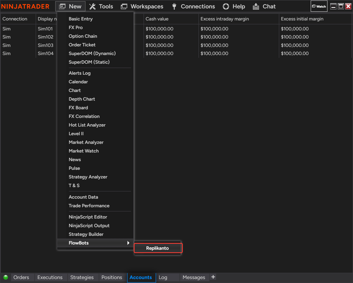 NinjaTrader Control Center with the New menu open, the FlowBots submenu and Replikanto highlighted