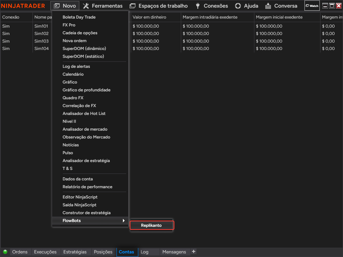 Control Center do NinjaTrader com o menu Novo aberto, o submenu FlowBots e o Replikanto em destaque