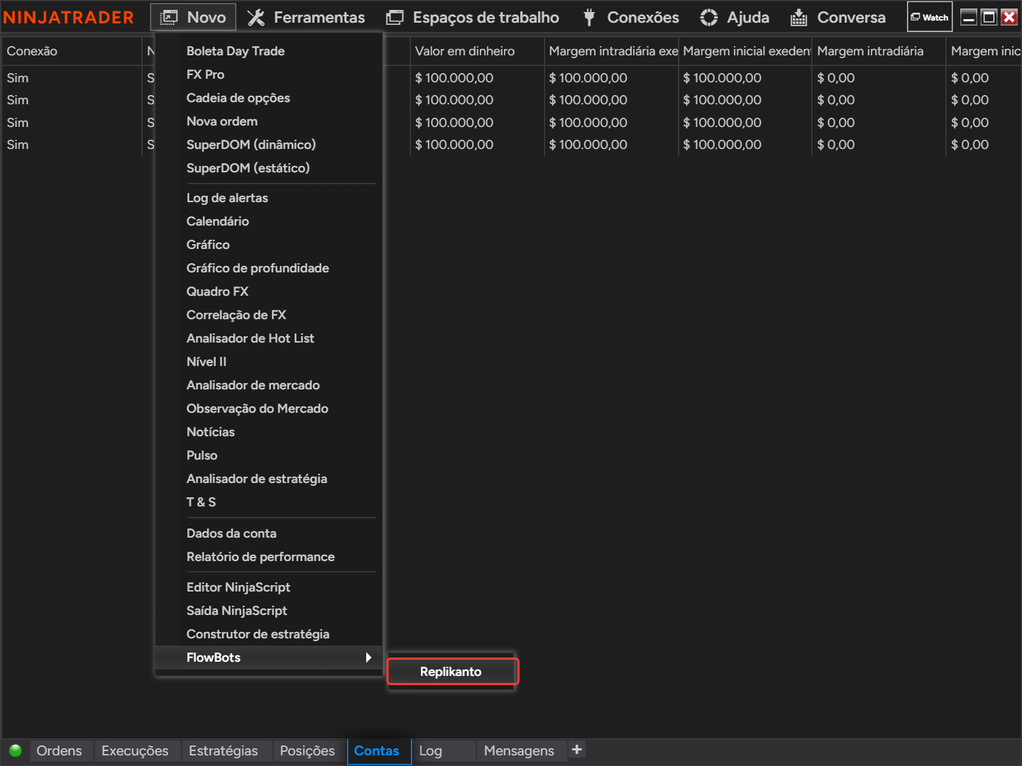 Control Center do NinjaTrader com o menu Novo aberto, o submenu FlowBots e o Replikanto selecionado