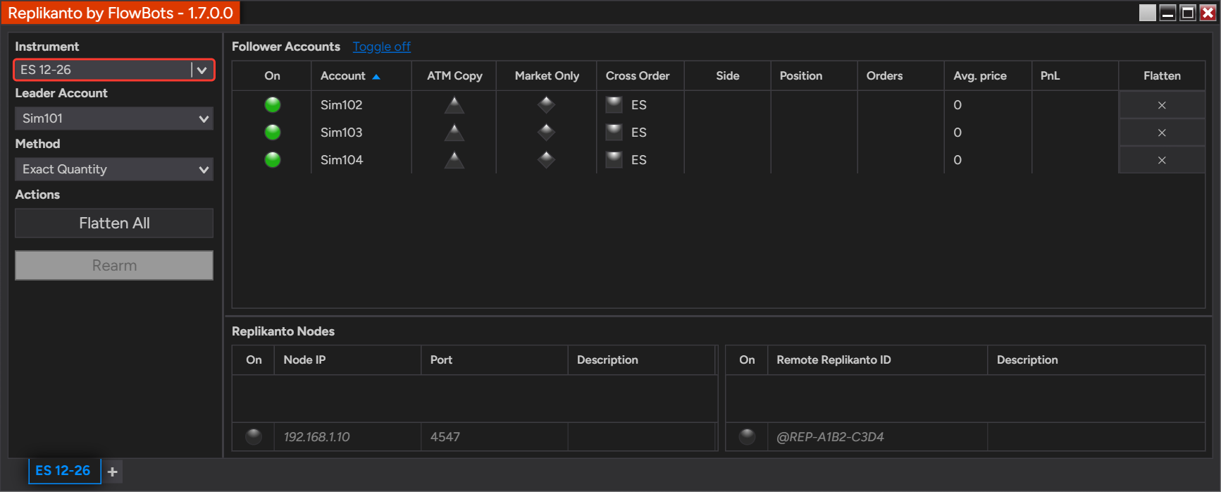 Replikanto window with the next contract month, ES 12-26, typed into the Instrument box