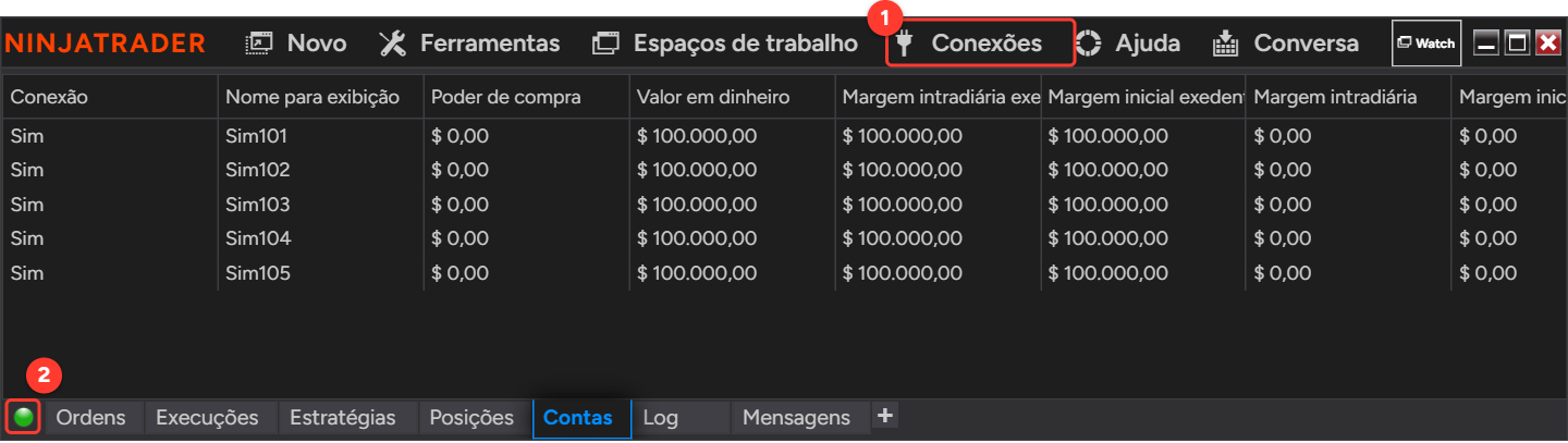 Control Center do NinjaTrader com o menu Conexões e a bolinha verde de status da conexão no canto inferior esquerdo