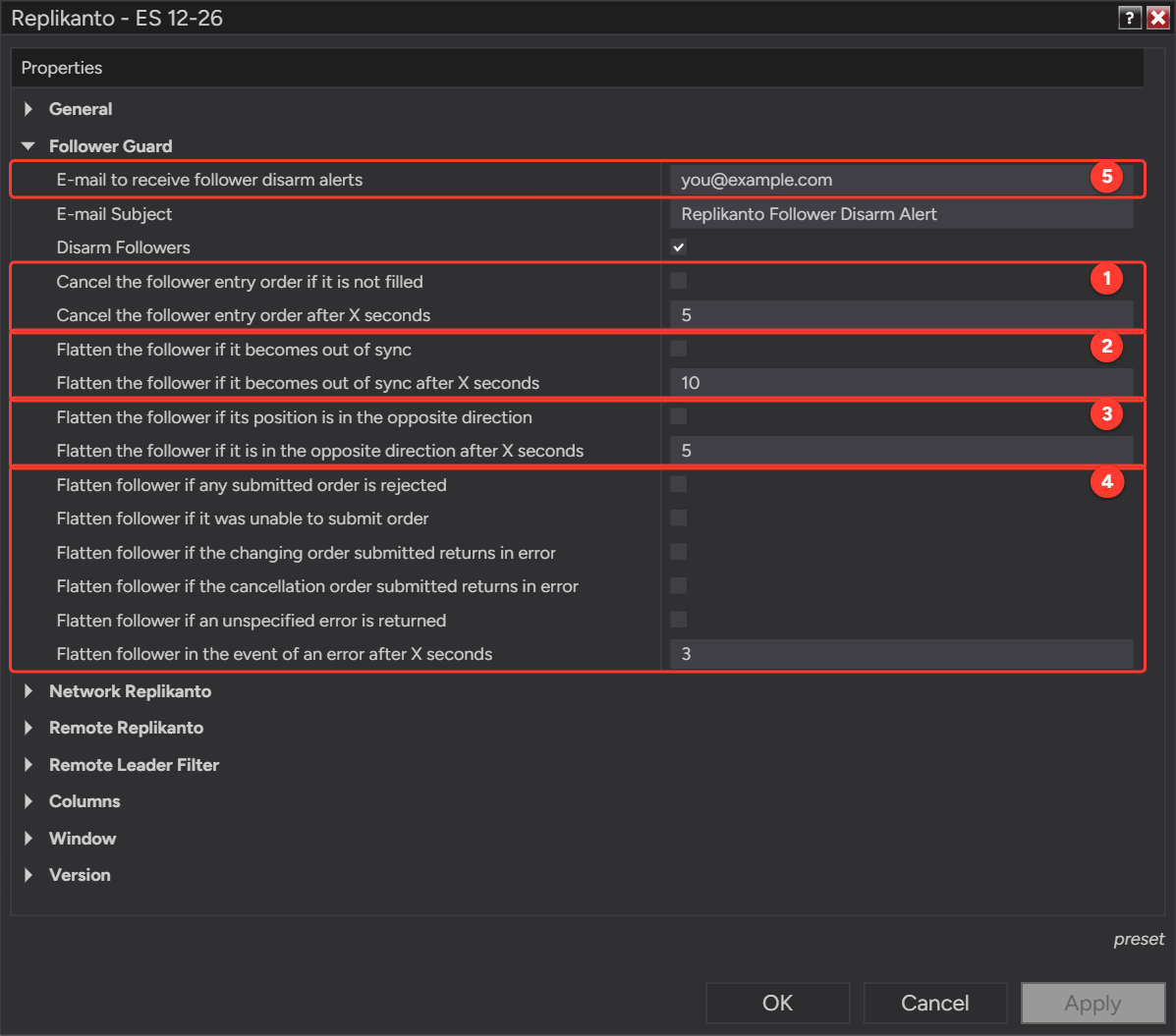 Replikanto Properties, Follower Guard section, with the entry-order, out-of-sync, opposite-direction, order-error and e-mail options highlighted