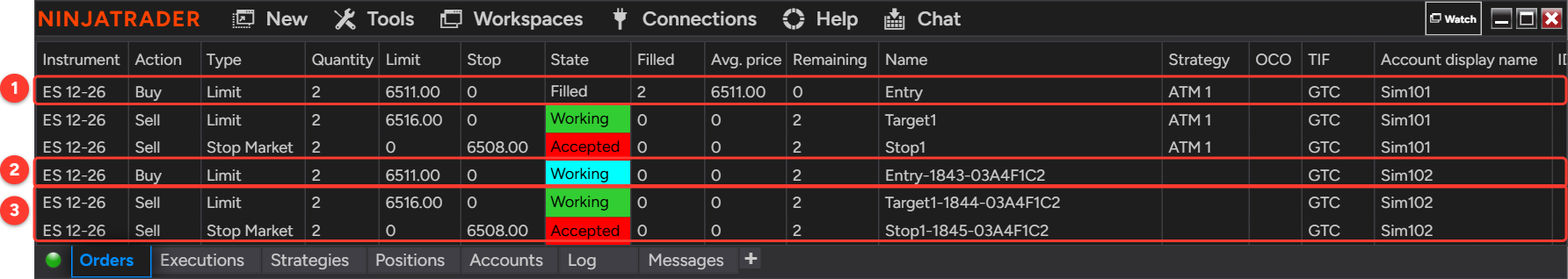 NinjaTrader Control Center Orders tab: the leader Sim101's buy limit entry filled, while the follower Sim102 still has its buy limit entry working plus the copied profit target and stop orders