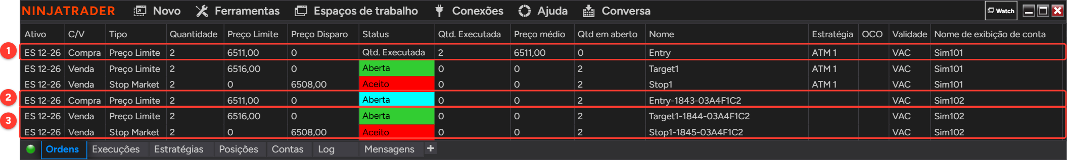 Aba Ordens do Control Center do NinjaTrader: a entrada limite de compra do líder Sim101 executada, enquanto a seguidora Sim102 ainda tem a entrada limite aberta e mais o alvo e o stop copiados