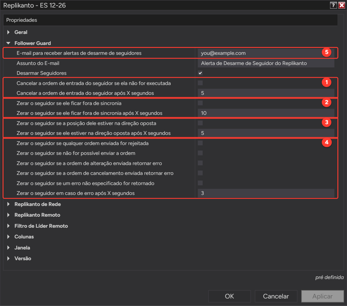 Propriedades do Replikanto, seção Follower Guard, com as opções de ordem de entrada, fora de sincronia, direção oposta, erros de ordem e e-mail destacadas