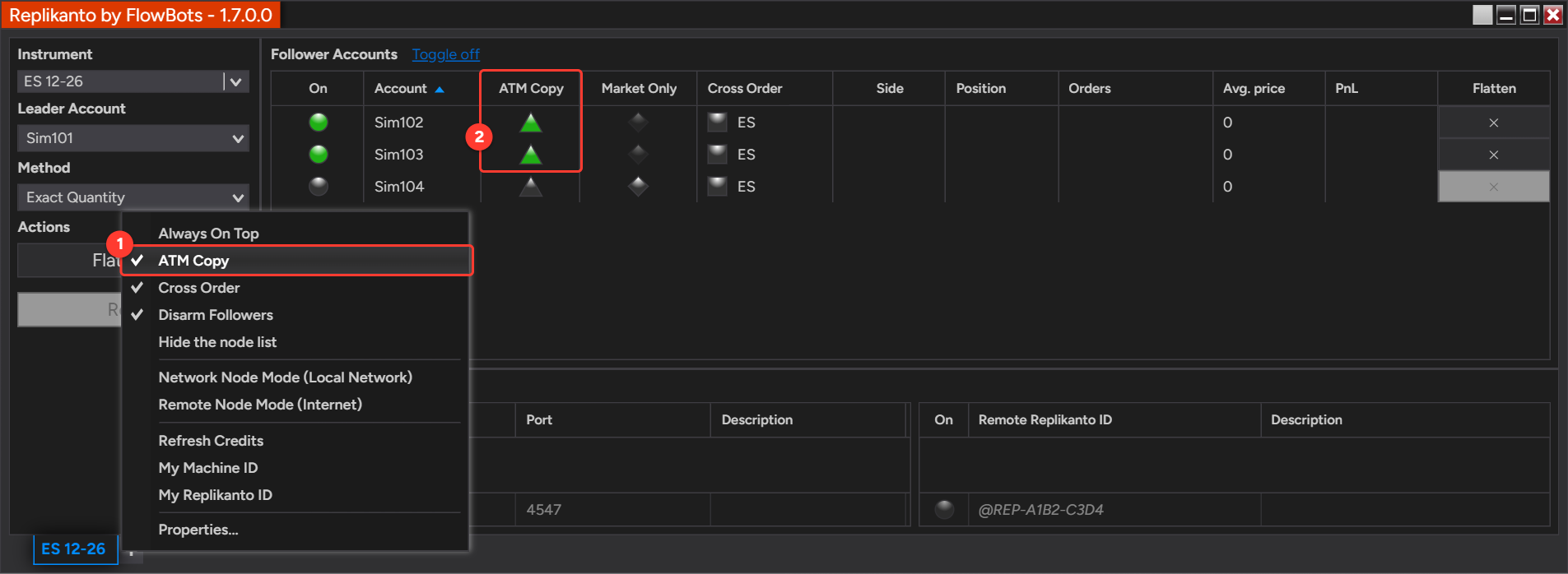 Replikanto right-click menu of the left panel with ATM Copy checked, and green ATM Copy triangles for followers Sim102 and Sim103