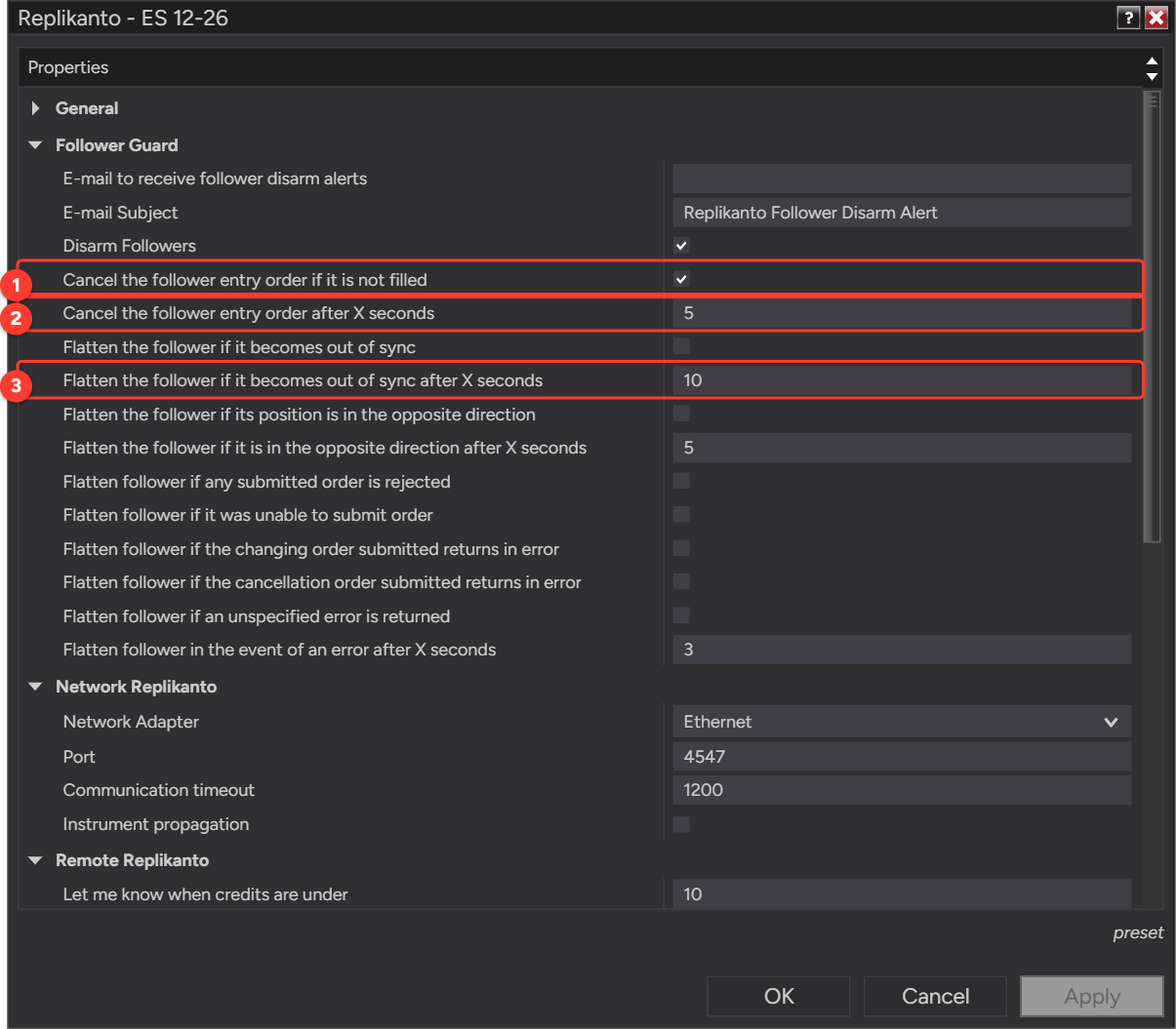 Replikanto Properties, Follower Guard section, with Cancel the follower entry order if it is not filled checked, Cancel the follower entry order after X seconds set to 5 and Flatten the follower if it becomes out of sync after X seconds set to 10