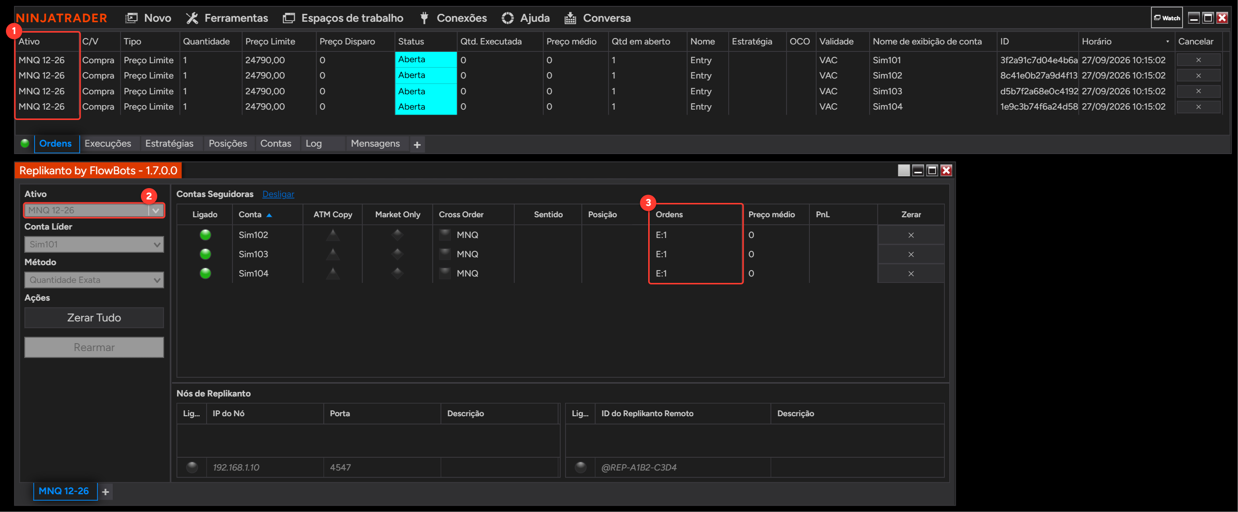 Aba Ordens do Centro de controle do NinjaTrader com ordens limitadas de compra no MNQ 12-26 nas contas Sim101, Sim102, Sim103 e Sim104, acima da janela do Replikanto no MNQ 12-26, com uma ordem de entrada em cada seguidora