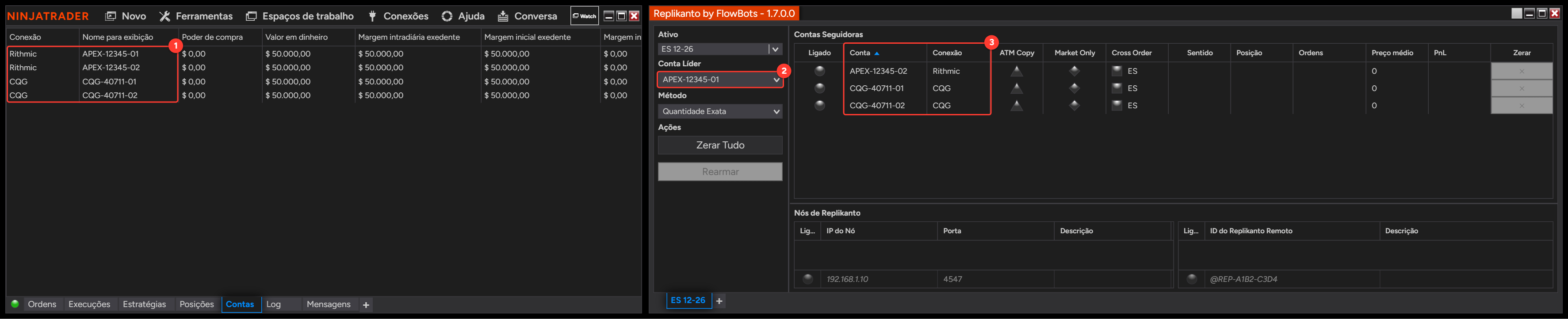 Aba Contas do Centro de controle do NinjaTrader com contas de uma conexão Rithmic e de uma CQG, ao lado do Replikanto mostrando as contas das duas corretoras em Contas Seguidoras
