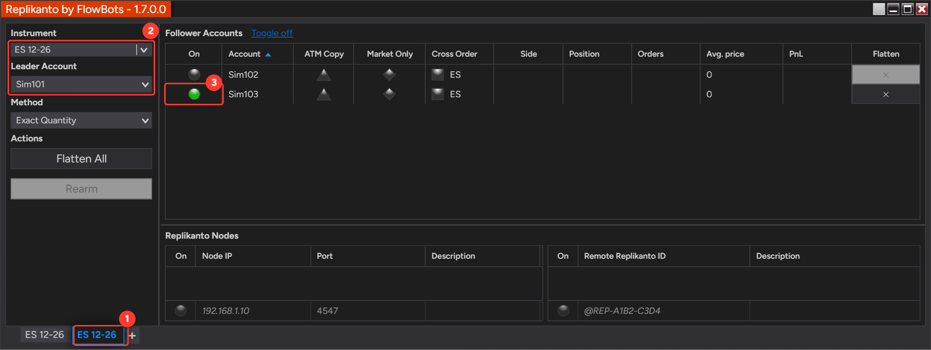 Replikanto window, second ES 12-26 tab with the same leader account Sim101 and follower Sim103 turned On