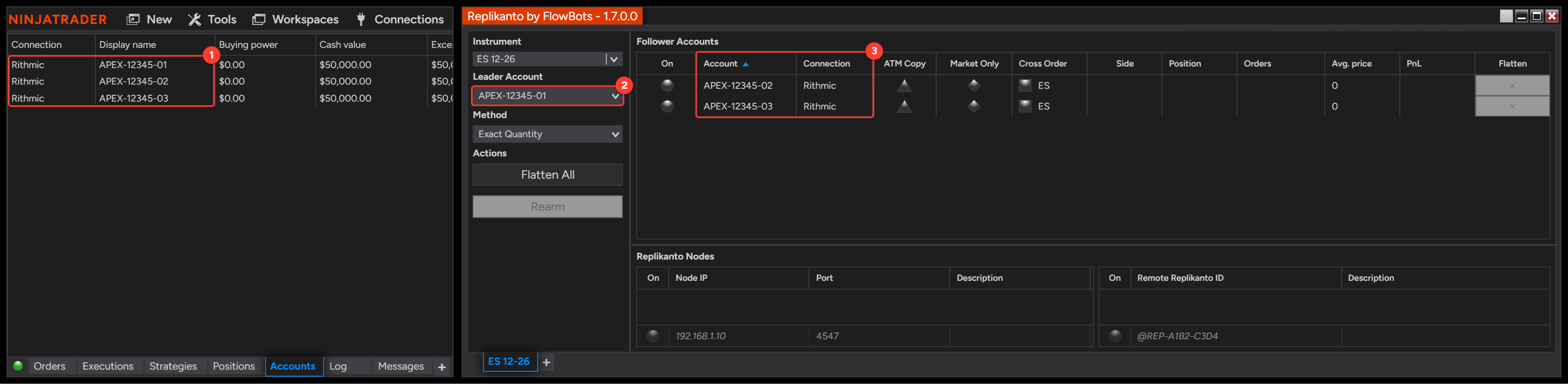 NinjaTrader Control Center Accounts tab with three accounts of one Rithmic connection, next to Replikanto listing the same accounts as leader and followers with the Connection column
