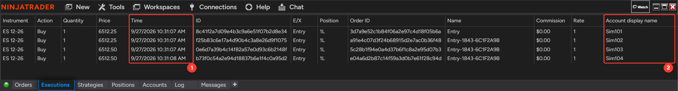 NinjaTrader Control Center Executions tab showing an ES 12-26 buy filled on the leader Sim101 and on the followers Sim102, Sim103 and Sim104, with the Time and Account display name columns marked