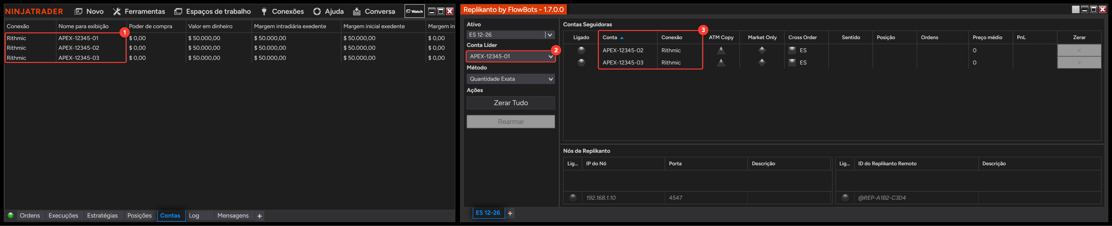 Aba Contas do Centro de controle do NinjaTrader com três contas de uma conexão Rithmic, ao lado do Replikanto mostrando as mesmas contas como líder e seguidoras, com a coluna Conexão