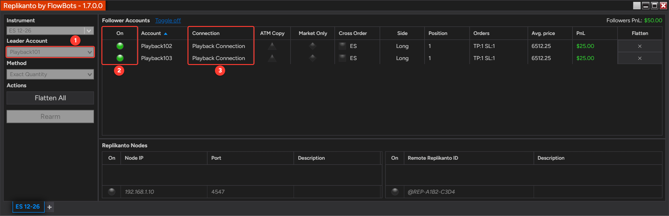 Replikanto tab with Playback101 as the leader account and Playback102 and Playback103 turned on as followers, the Connection column showing Playback Connection