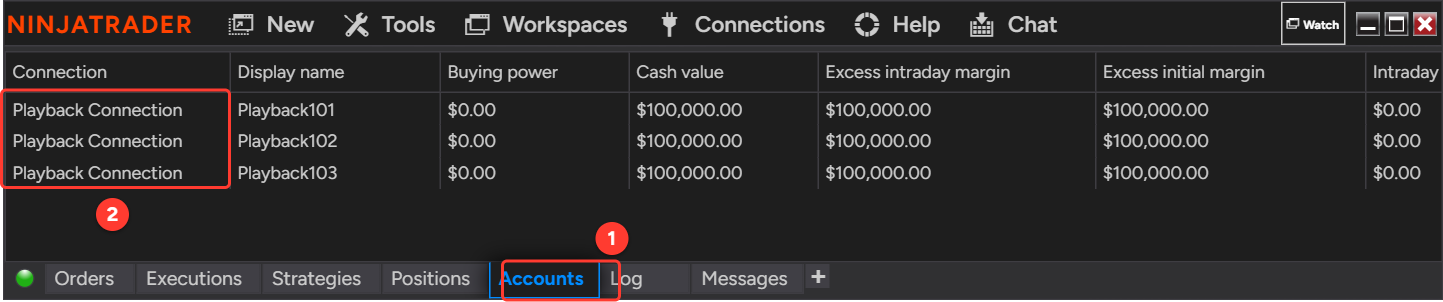 NinjaTrader Control Center, Accounts tab, listing Playback101, Playback102 and Playback103 on Playback Connection
