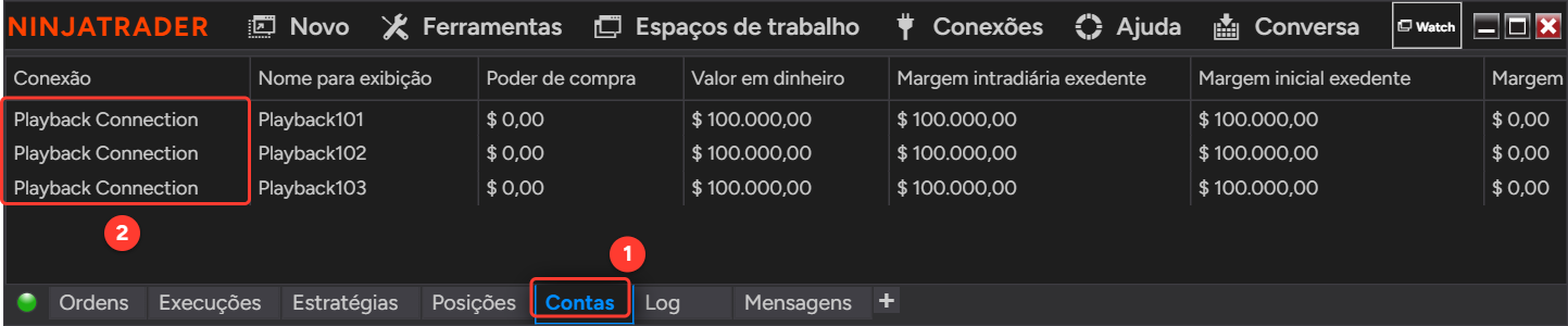 Centro de controle do NinjaTrader, aba Contas, com a Playback101, a Playback102 e a Playback103 na Playback Connection