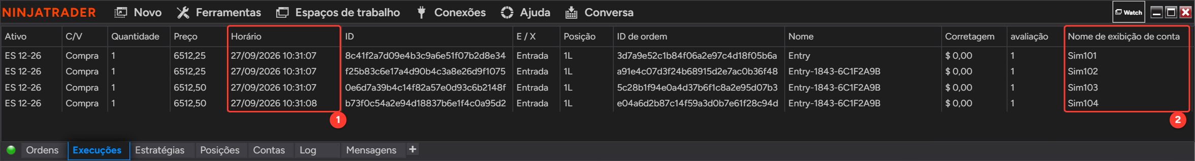 Aba Execuções do Centro de controle do NinjaTrader com uma compra de ES 12-26 executada na líder Sim101 e nas seguidoras Sim102, Sim103 e Sim104, com as colunas Horário e Nome de exibição de conta destacadas