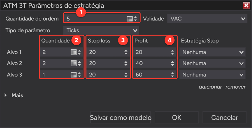 Janela Parâmetros de estratégia do NinjaTrader com Quantidade de ordem 5 e três alvos: quantidades 2, 2 e 1, Stop loss de 20 ticks em cada um e Profit de 20, 40 e 60 ticks