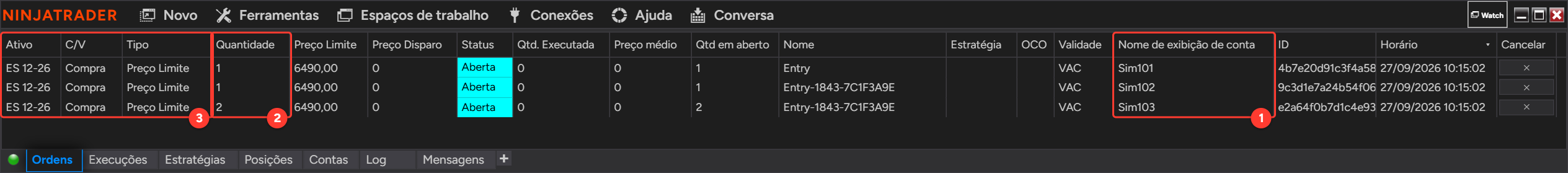 Aba Ordens da Centro de controle do NinjaTrader com uma ordem de compra limitada Aberta na Sim101, na Sim102 e na Sim103