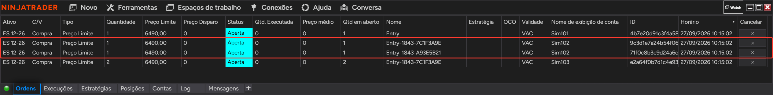 Aba Ordens da Centro de controle do NinjaTrader com duas ordens Aberta na Sim102 para uma única ordem da líder
