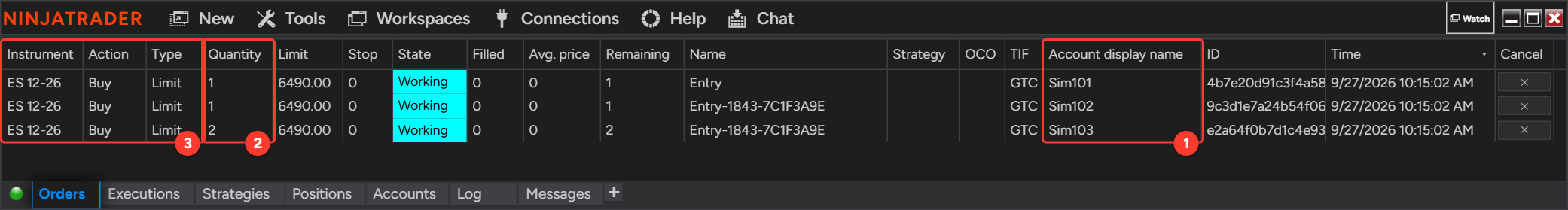 NinjaTrader Control Center Orders tab with one working Buy Limit order on Sim101, Sim102 and Sim103