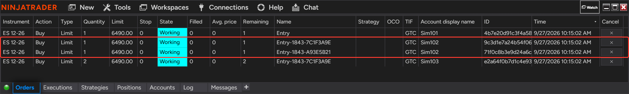 NinjaTrader Control Center Orders tab with two working orders on Sim102 for a single leader order