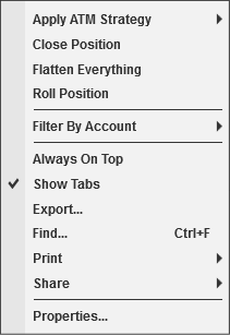 Menu de contexto da guia Posições (Positions) no Control Center do NinjaTrader