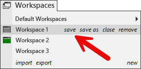 Menu Workspaces do NinjaTrader com a opção save do workspace atual