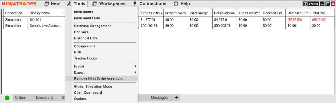 NinjaTrader Control Center Tools menu with Remove NinjaScript Assembly highlighted