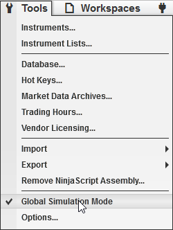 NinjaTrader Tools menu with Global Simulation Mode checked