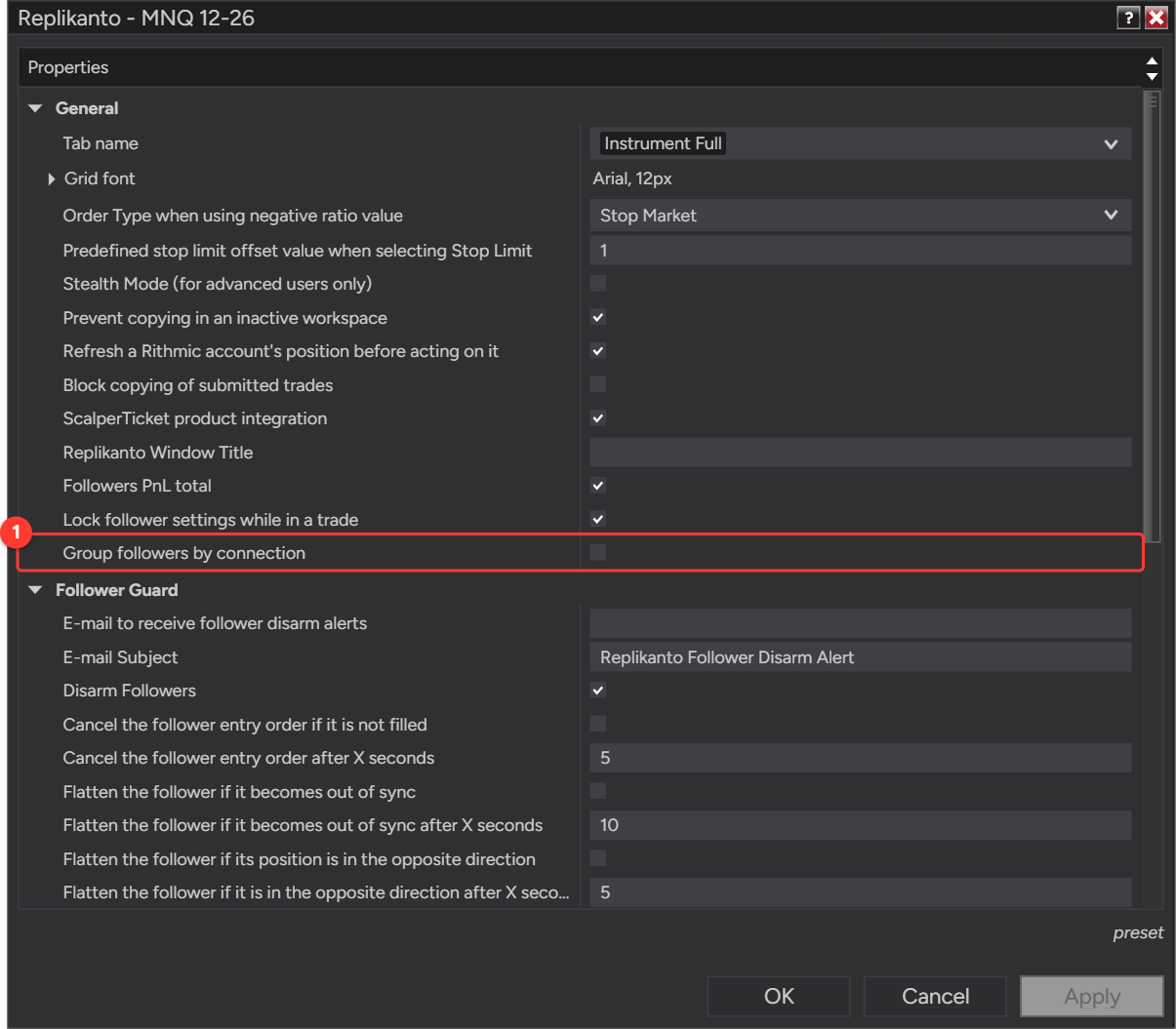 Replikanto Properties, General section, with Group followers by connection unchecked