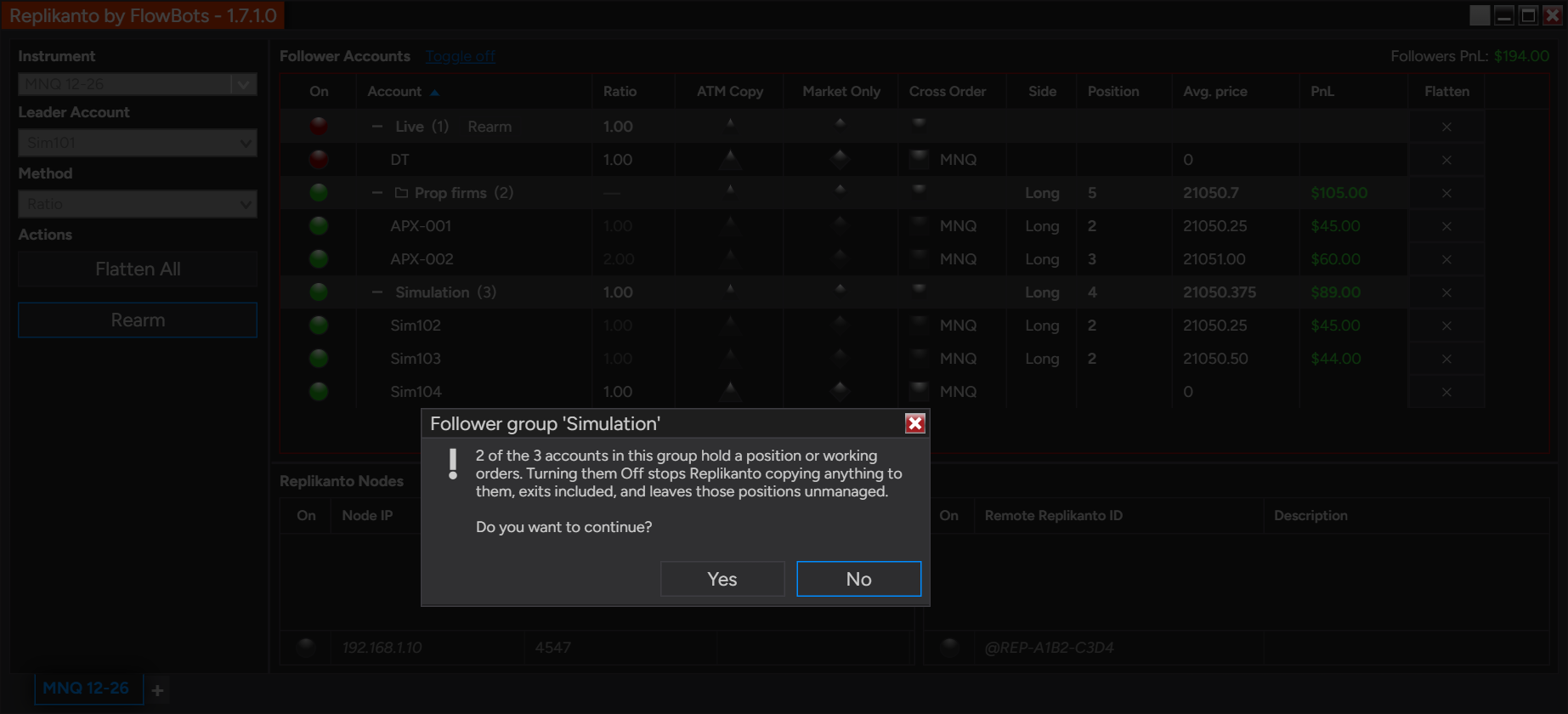 Confirmation window titled Follower group 'Simulation' warning that 2 of the 3 accounts hold a position or working orders, with Yes and No buttons (No is the default).
