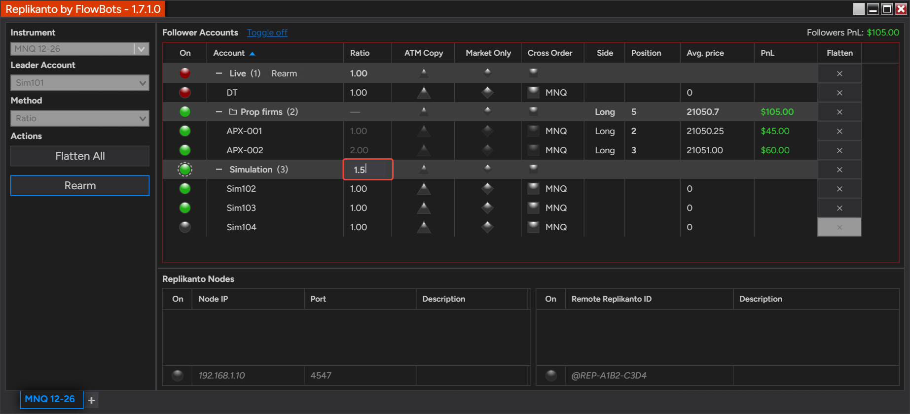 The Ratio cell of the Simulation group header in edit mode with 1.5 typed, above the member accounts that still show a ratio of 1.00.