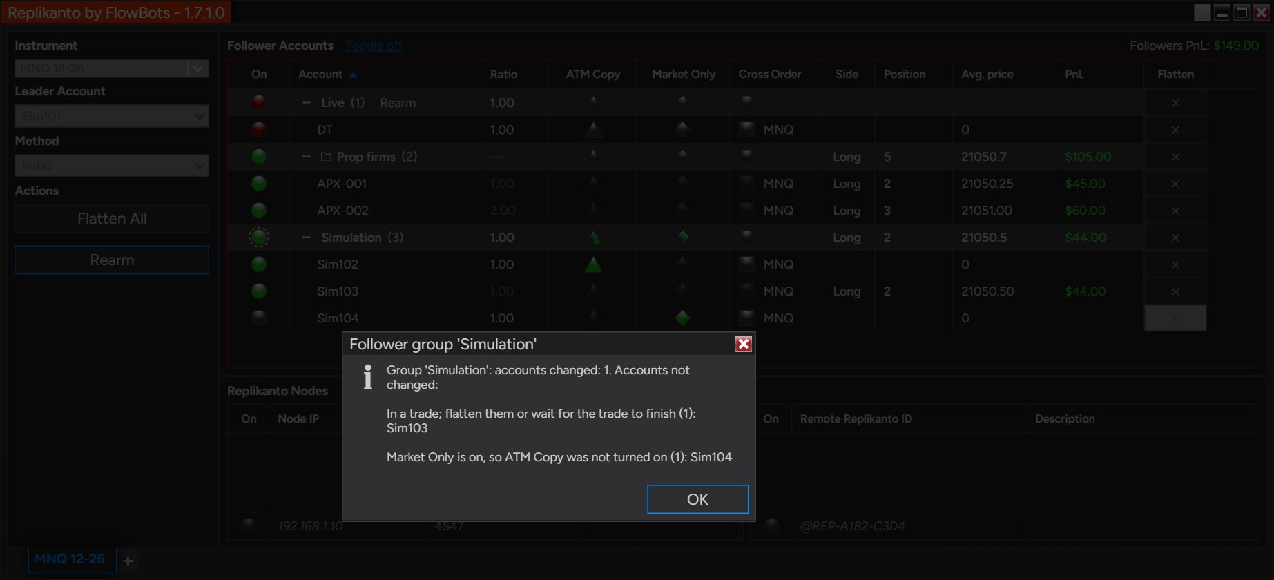Message window titled Follower group 'Simulation' reading: accounts changed 1, then Sim103 in a trade and Sim104 with Market Only on, with an OK button.
