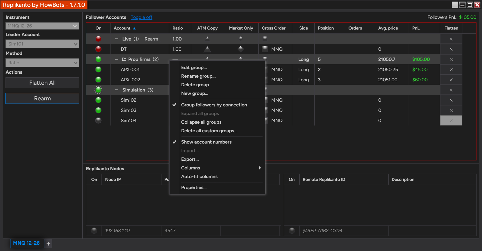 Replikanto Follower Accounts grid with the right-click menu open on the header of the custom group Prop firms, showing Edit group, Rename group, Delete group, New group and Delete all custom groups